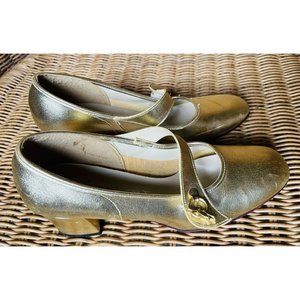 1950s 1960s Vtg Gold Mary Jane Block Heel Shoes Made Japan Leather Shiny